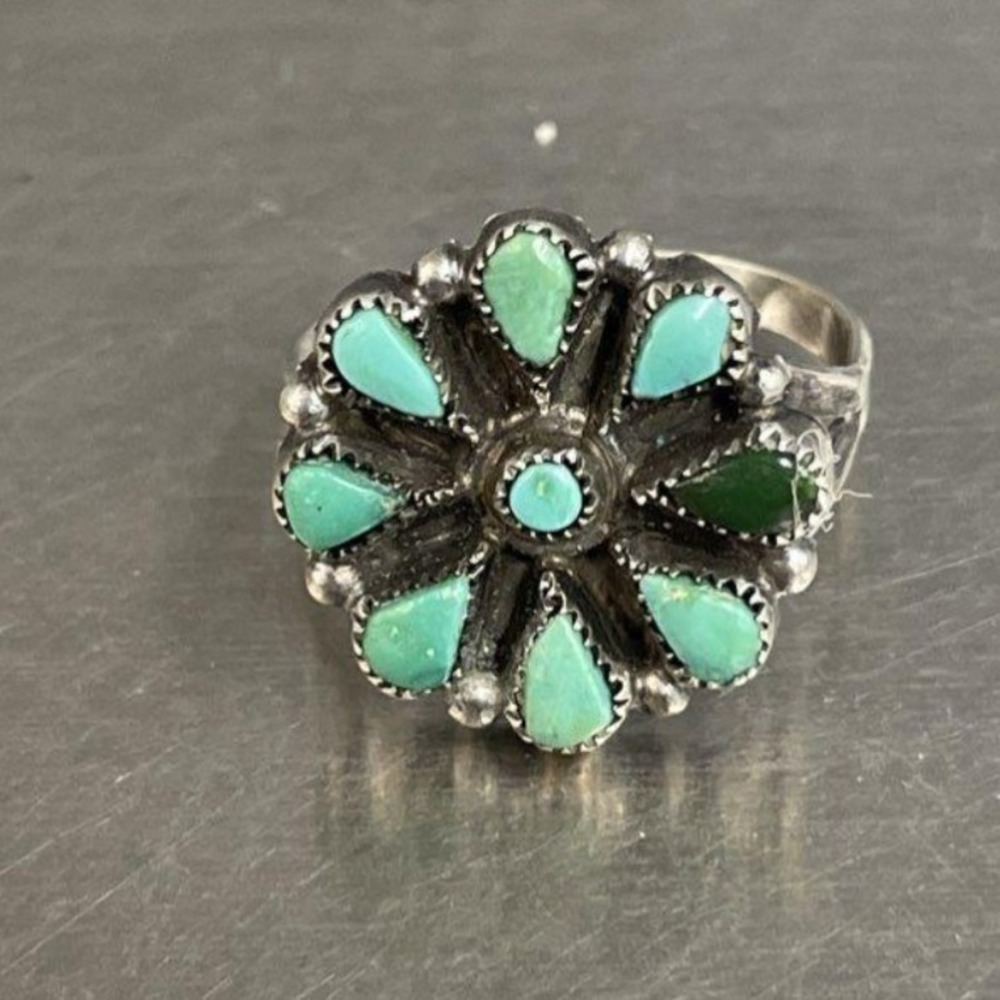 Vintage Sterling Silver Turquoise Cluster Flower Ring Southwestern Size 4.25